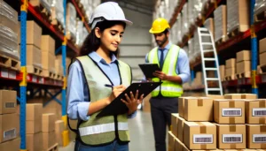  warehouse worker with a clipboard checking the boxes.webp